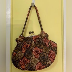 Hand made material purse. Roses pattern with beading
